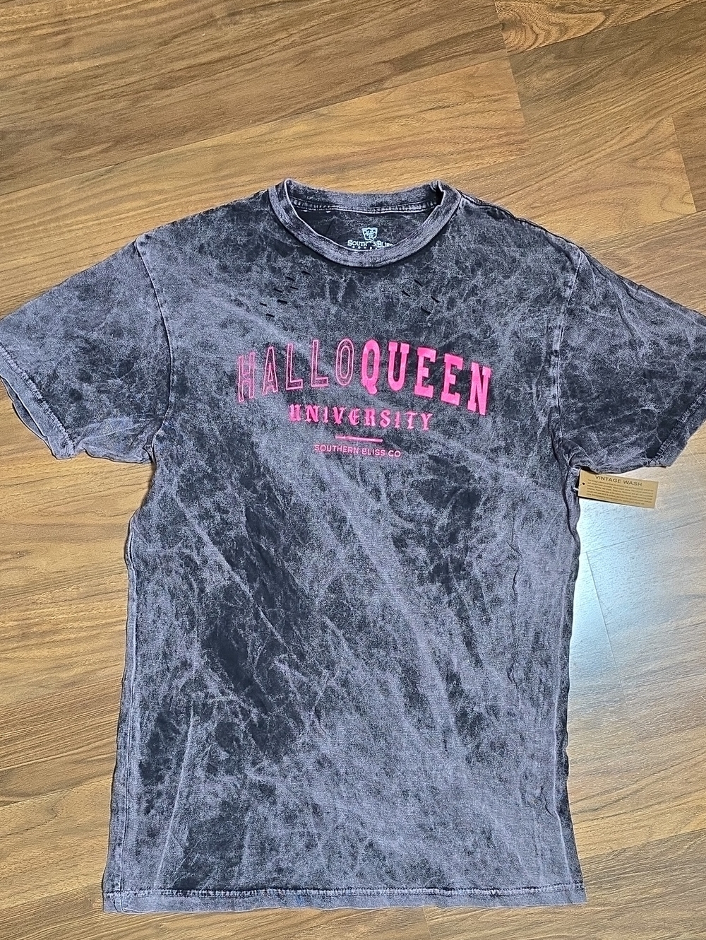 Southern Bliss Co HalloQueen University Black Mineral Wash Destroyed Tee